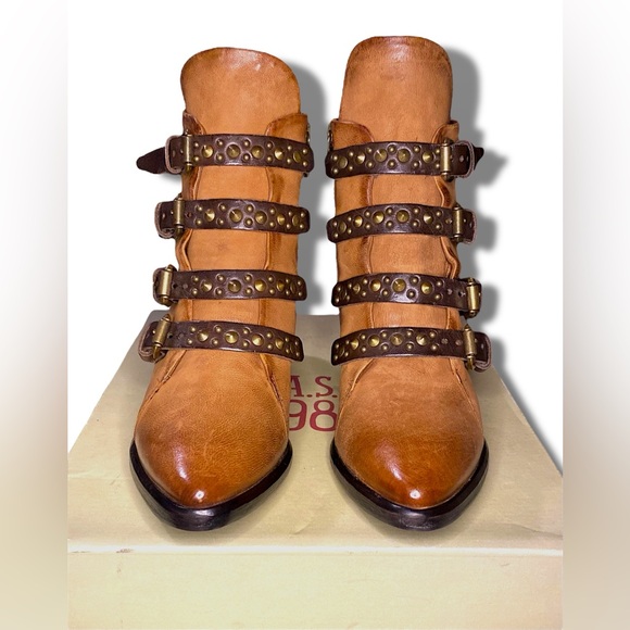 A.S.98 Frankie Studded Tan Leather Buckled Booties - Size 37 / New in Box - Picture 6 of 11